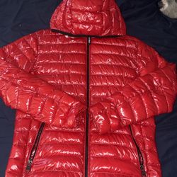 Red puffer jacket