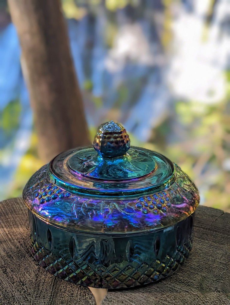 Indiana Glass "Princess" Candy Box W/Lid Blue Iridescent