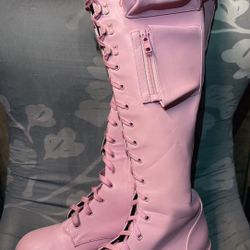Cape Robin “Monalisa” Pink Knee-High Utility Platform Boots | Cyberpunk Festival Boots