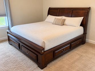 Dark Wood Sleigh Bed Frame with Built-In Storage Drawers
