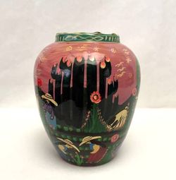 Vintage Mexican folk art vase storyteller style pottery hand painted colorful