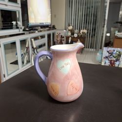 Hand Painted Heart Motif Ceramic Pitcher In Beautiful Pastels Holds 40 OZ 7" Tall 