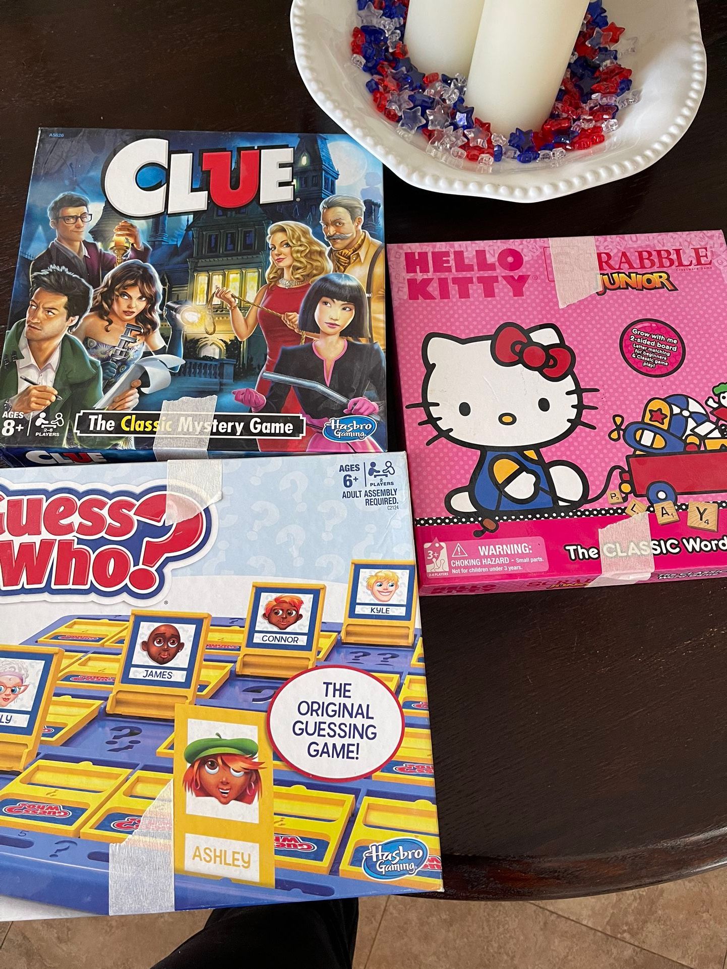 Clue Guess who hello kitty Junior scrabble board game $10 for all HANFORD PICK UP