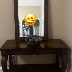 Traditional Style Heavy Wooden Console Table Foyer Table with Mirror