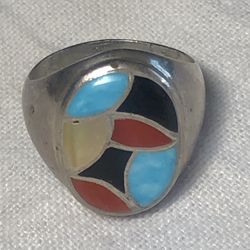 Vintage Navajo Multi-Stone Inlay Sterling Silver Ring Size 10.75 - 17g Signed DL