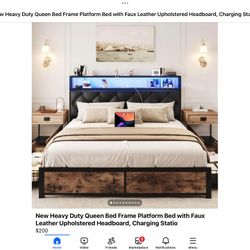 Queen Bed Frame with Faux Leather Upholstery Electrical Outlets Drawer