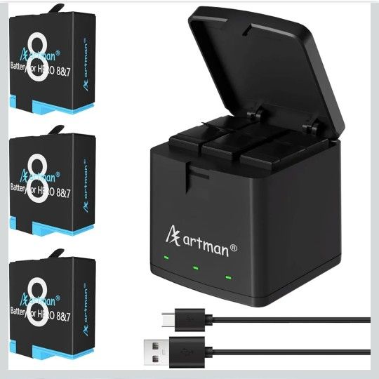 NEW GoPro 3-Pack Battery for Hero 8/7/6 Black & 3-Channel LED USB Charger Fully Compatible & Charger