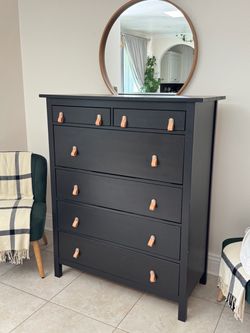 Black Tall Dresser with Leather Pull Handles