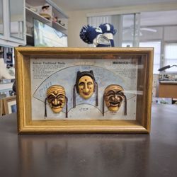 Vintage Set Of 3 Korean Traditional Masks 3D Art Framed Shadow Box Art, Can Stand Or Hang 11" X 7" X 1.5"D