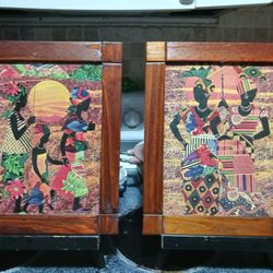 2 GORGEOUS ANTIQUE WOOD COLOFUL PICS ON WOOD STANDS 10 EACH FINAL PRICE