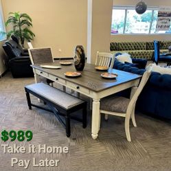 BOLANBURG ANTIQUE WHITE-OAK DINING ROOM SET
(Table+4 Side Chairs+Bench)