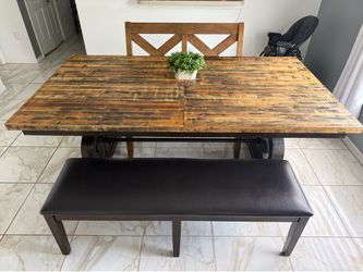 Dining Set with Rustic Table, Loveseat dining chair, and bench