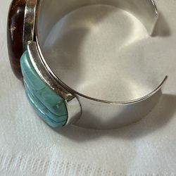 J. K Large Amber With 3 Turquoise Stones Either Side Cuff Silver 925 Bracelet 