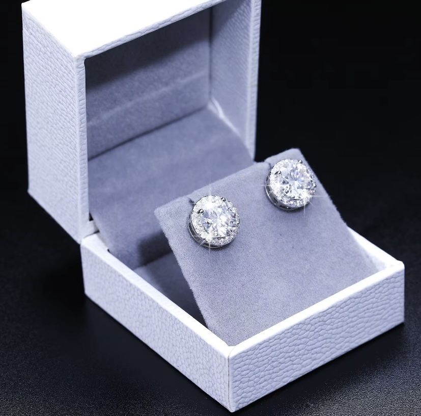 White Gold 925 Sterling Silver VVS Moissanite Diamond Push Back Halo Earrings