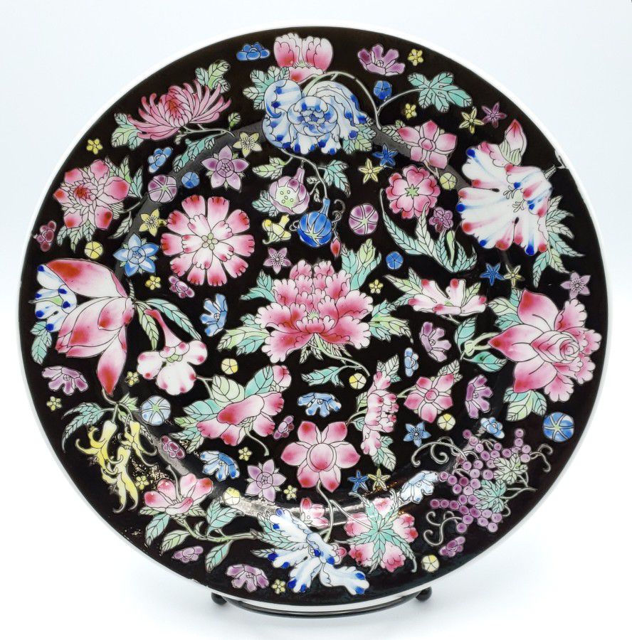 Republic China Porcelain black glaze hand painted ten thousand flower plate 10"