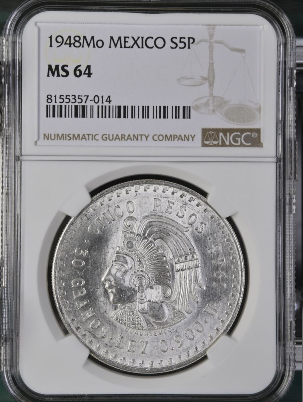 1948 Mo Mexico NGC MS64 Silver 5 Pesos S5P Cinco Pesos Cuauhtemoc Coin MS-64