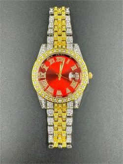 Yellow and White Gold Two Tone White Sapphire Red Face Watch