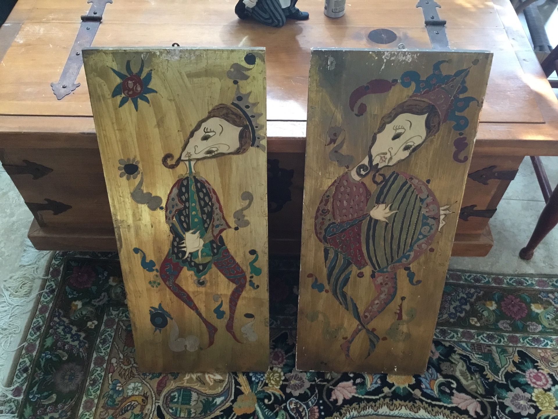 antique pair oils  painted on aged wood golden shimmer 24 by 10 inches inherited