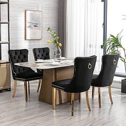Set Of 4 - Black Velvet Tufted Dining Chairs (Gold Legs) [NEW IN BOX] **Retails For $800  [CHAIRS ONLY / TABLE NOT INCLUDED] 