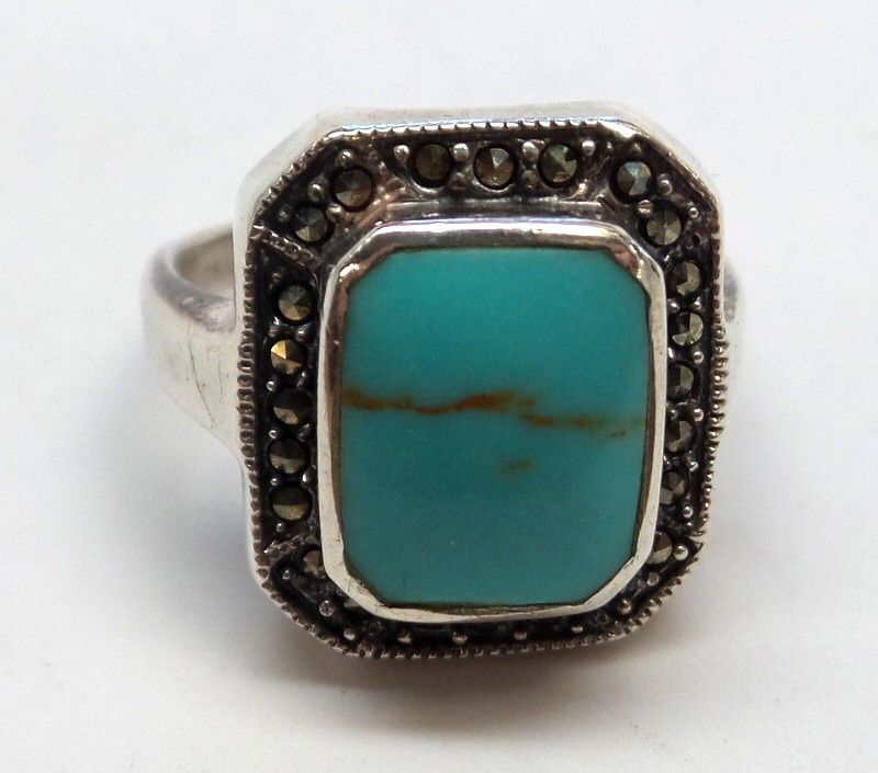 Sterling Silver-Turquoise and Marcasite Ring. Size 6.5