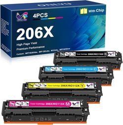 ► 206X HP Color Laser Toner Cartridges 4 Pack High Yield 206A W2110A W2110X W2111X W2112X W2113X Pro MFP M283fdw M283cdw M255dw Printer