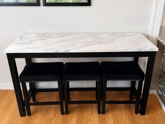 Modern Marble-Top Dining Table Set with 3 Velvet Bar Stools