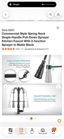 Akdy Commercial-Style Spring Neck Single-Handle Pull-Down Sprayer Kitchen Faucet With 2-function Sprayer in Matte Black