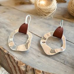 Geometric  swirl silver & leather  earrings
