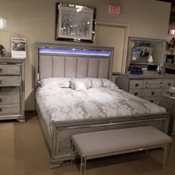 Vail Gray LED Upholstered Panel Bedroom Set ( Queen, king, twin, full bedroom set - bed frame- tall dresser, nightstand and chest, mattress options