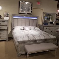 Vail Gray LED Upholstered Panel Bedroom Set ( Queen, king, twin, full bedroom set - bed frame- tall dresser, nightstand and chest, mattress options