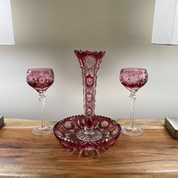 4 Piece ruby red cut to clear crystal glass