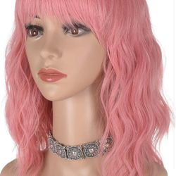 Short Pink Wavy Bob Wig with Bangs for Women 16 Inches Natural Synthetic Hair Wa