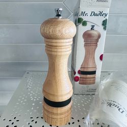 Vintage Mr. Dudley 8-inch wood peppermill new old stock unused.  I opened box for photos  light wood w/ black accent band Made in Taiwan