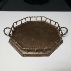 10" Railed Handled Octagonal Faux Bamboo Brass Tray