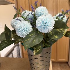 Nice 17” Tall Handmade Artificial Flower/Plant in Galvanized Olive Bucket Vase.