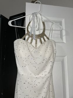 Holiday White Dress With Multicolored Sparkles And Rhinestone Neck Piece