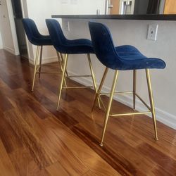 24” Blue Velvet Bar Stools (3 Total)