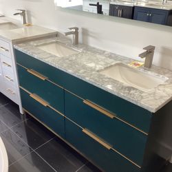 60” Bathroom Vanity Cabinet Solid Wood Fully Assembled Softclose Drawers Marble Top With 2 Sinks