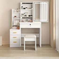 Makeup Vanity Desk Set White W/ lighted Mirror,Drawers,Stool &Shelves