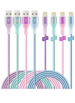 iPhone Charger Lightning Cable 4Pack(6/3/3/1ft) 4Color Apple Certified Nylon Braided Long Fast USB Cord Compatible for iPhone 11Pro MAX Xs XR X 8 7 6