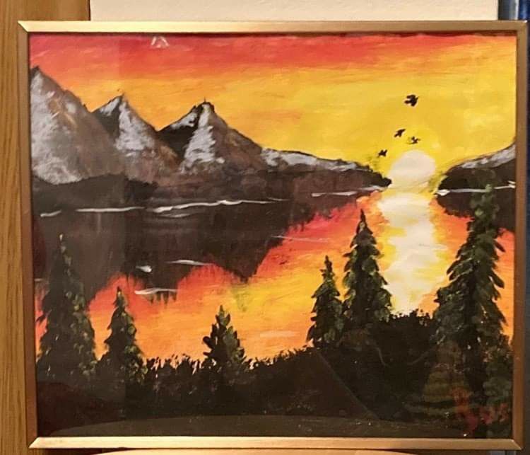 Painting of mountains reflecting off water.