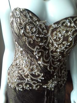 New Sexy Terani couture strapless Gold metallic jeweled formal gown prom maxi dress size 6