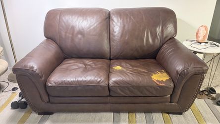 Brown Leather Loveseat with Nailhead Trim