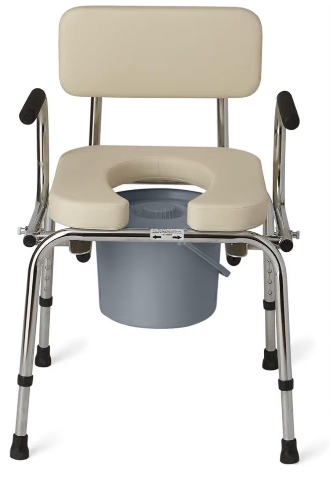 Medline Drop Arm Commode with Padded Seat and Backrest, Durable Toilet Chair for Adults and Seniors, Removable Pail, Splash Guard, Drop Down Arms