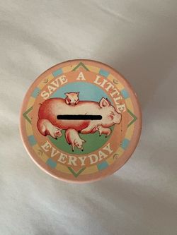 Vintage Tin Piggy Bank Mama and Piglets Save A Little Everyday.