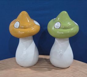 Set of 2 Glossy Ceramic Mushroom Figurines 12" tall