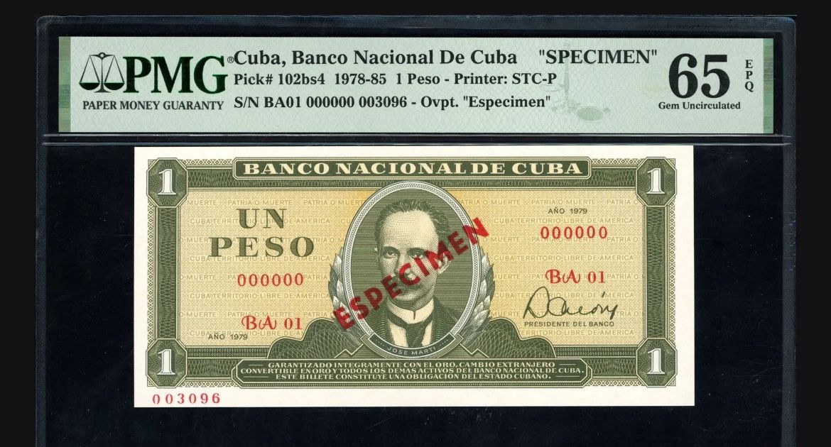 1979 1 Peso Banco Nacional de Cuba Rare “Specimen" Note PMG Gem Unc 65 EPQ  