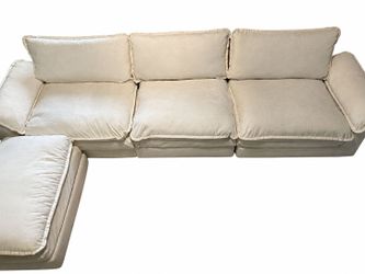 Beige Fabric L-Shaped Sectional Sofa.