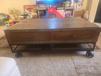 Rustic Wood Coffee Table with Storage and Wheels