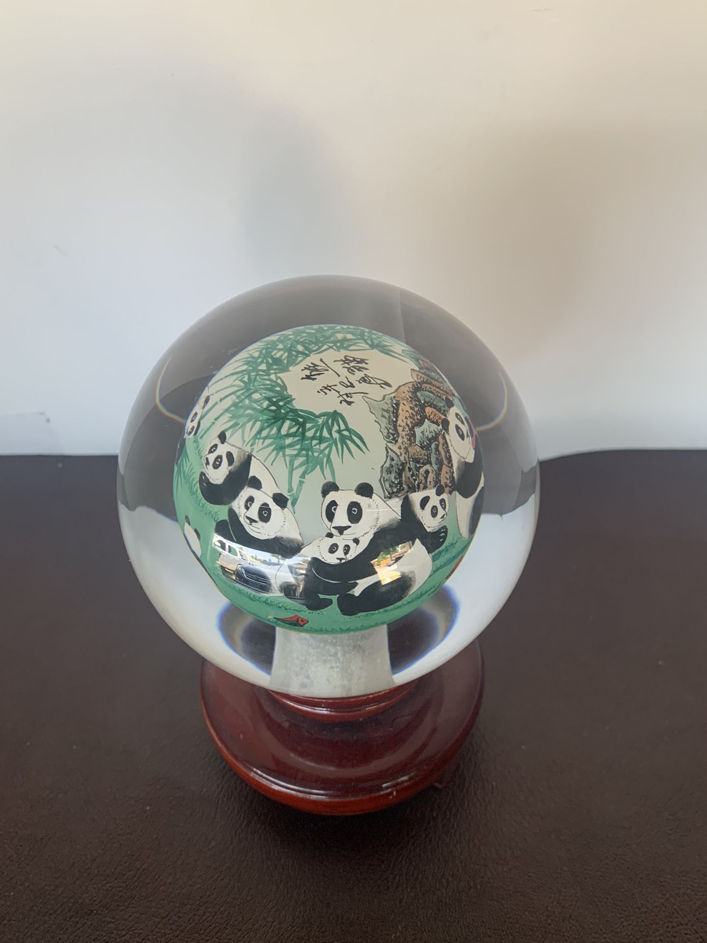 ORIENTAL Crystal Glass Reverse Hand Painted  PANDA BEAR GLOBE W/TEAK STAND
